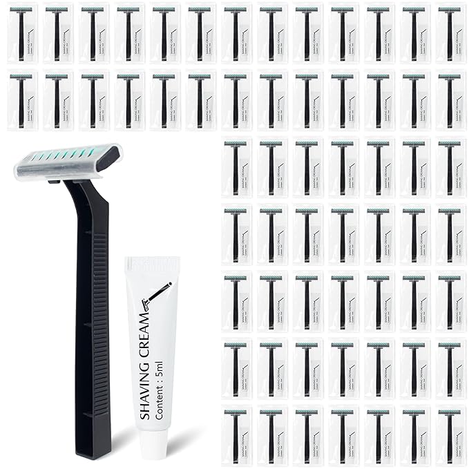 Disposable Razors Bulk, Razors Individually Wrapped Bulk With Shaving Cream, For Hotels, Shelters, Homeless, Nursing Homes, Charities, Churches, Black (60-PACK)