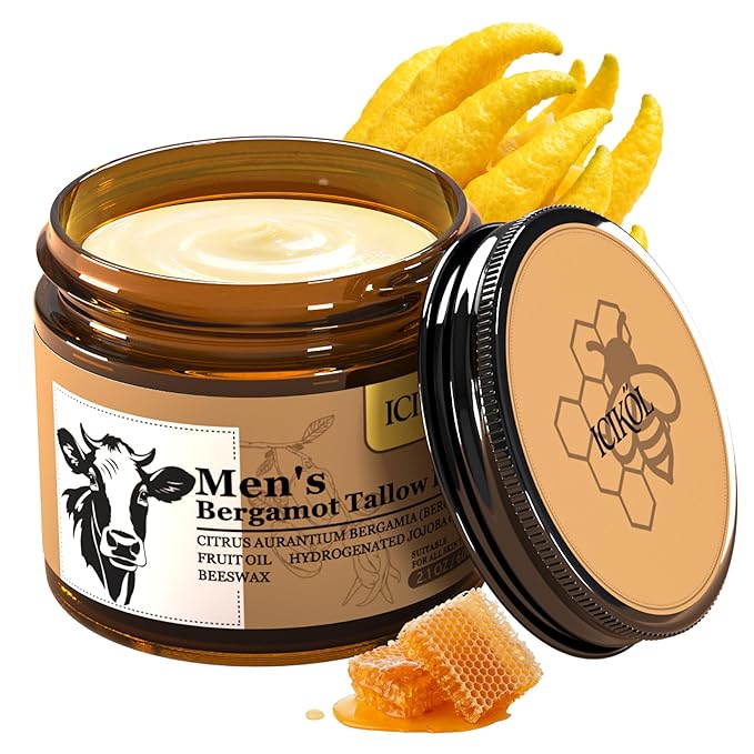 Beef Tallow Honey Balm, Grass-Fed Tallow Moisturizer for Face & Beard, Deep Hydration Cream with Bergamot Scent, Handmade Natural After Shave Care for Men, 2.1 oz