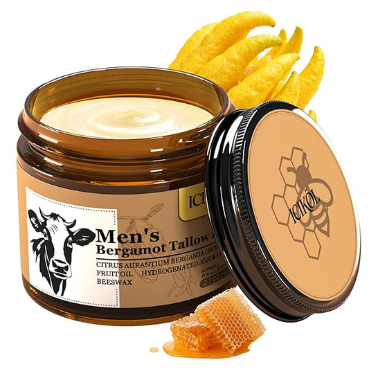 Beef Tallow Honey Balm, Grass-Fed Tallow Moisturizer for Face & Beard, Deep Hydration Cream with Bergamot Scent, Handmade Natural After Shave Care for Men, 2.1 oz