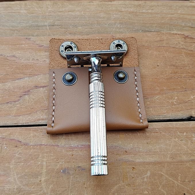 Handmade Leather Safety Razor Travel Cover, Double Edge Razor Head Protective Sheath For men Fits Most Safety Razors (Yellow)