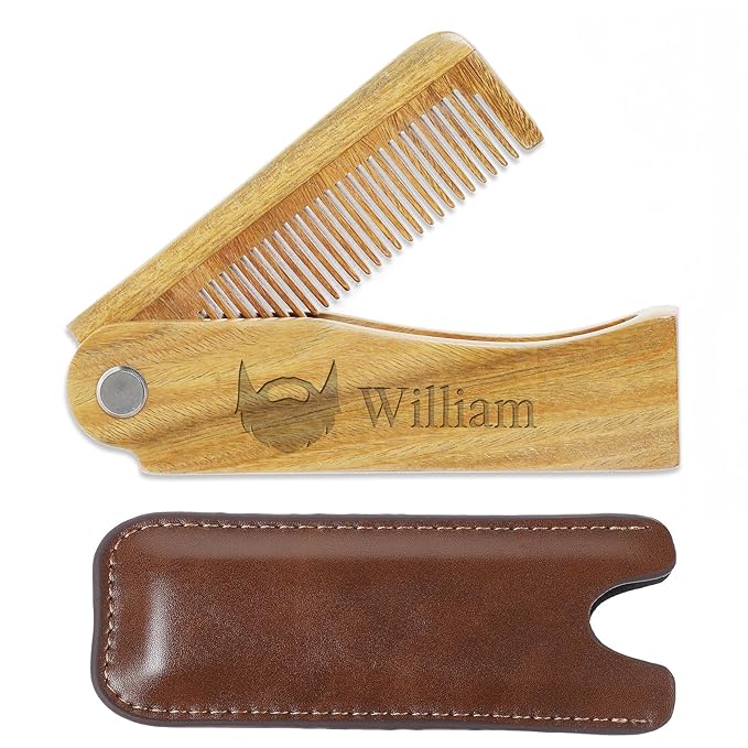 Onedor Wooden Comb, Personalized Custom Fine Tooth Combs for Men's Hair, Beard & Mustache, Anti-Static Sandalwood Comb, 100% Nature Handmade, Customized Gifts for Men - With Leather Case