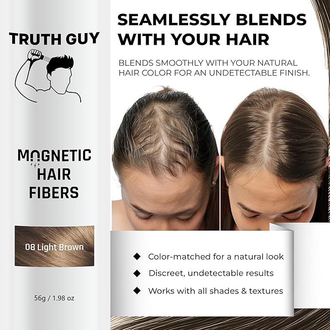 Truth Guy Magnetic Hair Building Fibers for Thinning Hair - Adds Volume & Thickness with Static Electricity Technology - Easy Application for Men & Women, Quick Results, Mess-Free. 2 oz. Medium Brown