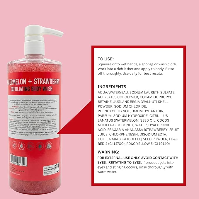 SpaScriptions Watermelon & Strawberry Exfoliating Body Wash - 32 fl oz Scented Natural Daily Cleanse Body Scrub Gel with Moisturizing Coconut Water for Smooth Radiant Refreshing Skin, Paraben Free