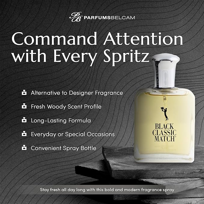 PB ParfumsBelcam Black Classic Match Eau De Toilette Spray for Men – 2.5 Fl. Oz Affordable, Long-Lasting Fresh Woody Fragrance with Leafy Green, Citrus, Sandalwood & Patchouli for Day & Night Use