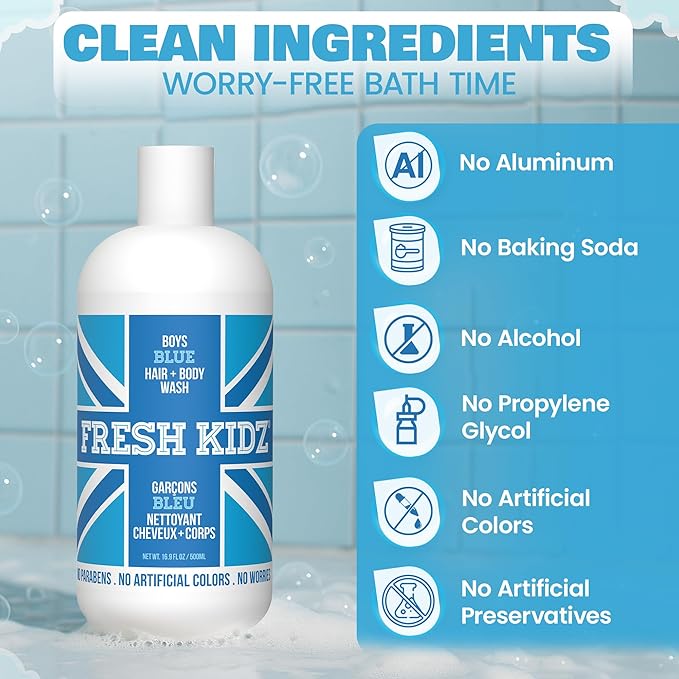 Fresh Kidz Hair & Body Wash for Kids and Teens - Gentle Bath and Shower Cleanser for All Skin Types - Boys Blue, 16.9 Fl.Oz.