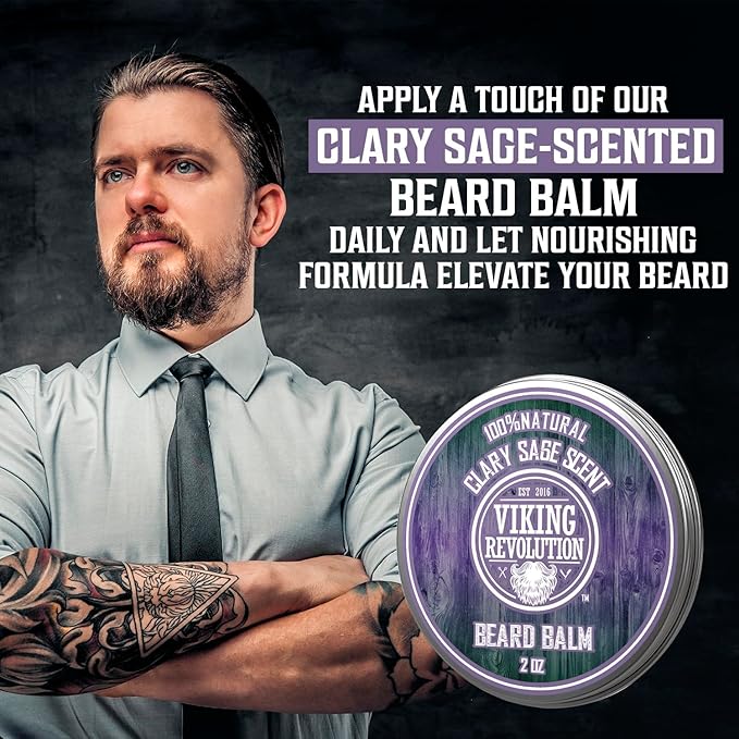 Viking Revolution Clary Sage Beard Balm - Beard Butter with Argan Oil, Beard Softener for Men with Jojoba Oil - Beard Moisturizer for Men with Beeswax - Beard Wax for Men (2oz, 1 Pack)