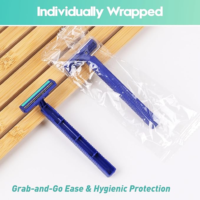Individually Wrapped Twin Blade Disposable Razors – 40 Pack Stainless Steel Shavers with Lubricating Strip, Safety Cap & Non-Slip Handle for Sensitive Skin, Travel, Hotel, Hygiene Use