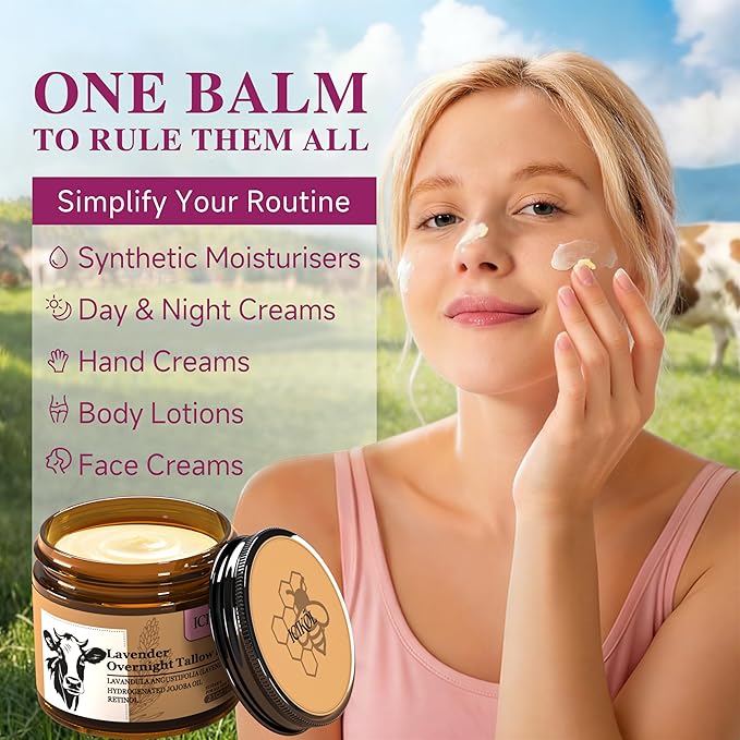 Beef Tallow Honey Balm, Grass-Fed Tallow Moisturizer for Face and Body, Deep Hydration Cream with Lavender Scent, Handmade Natural Skin Nourishment, 2.1 oz