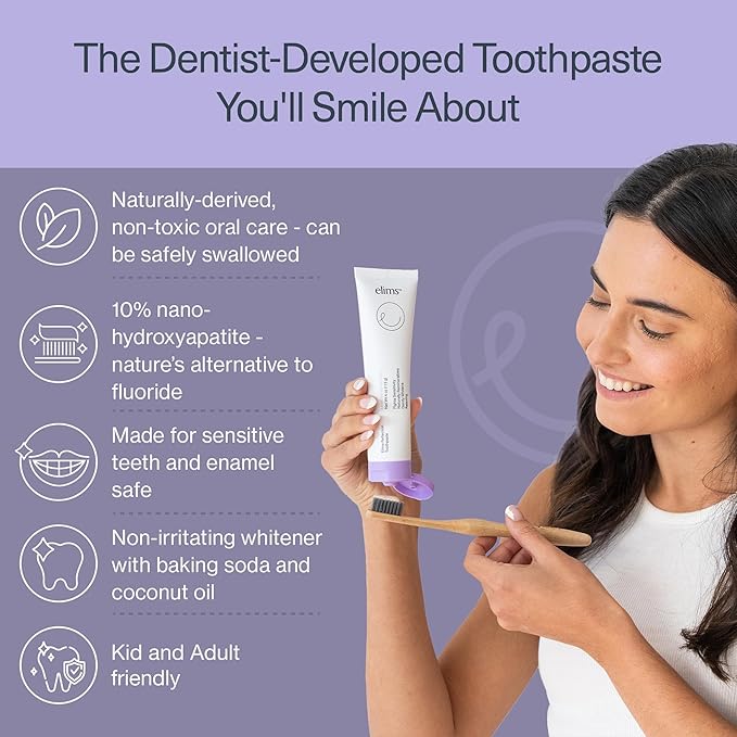 Elims 10% Nano-Hydroxyapatite Toothpaste – Fluoride-Free, Xylitol Remineralizing, Whitening Toothpaste for Sensitive Teeth, SLS-Free, Lavender Vanilla Mint Favlor for Adults & Kids, 4oz