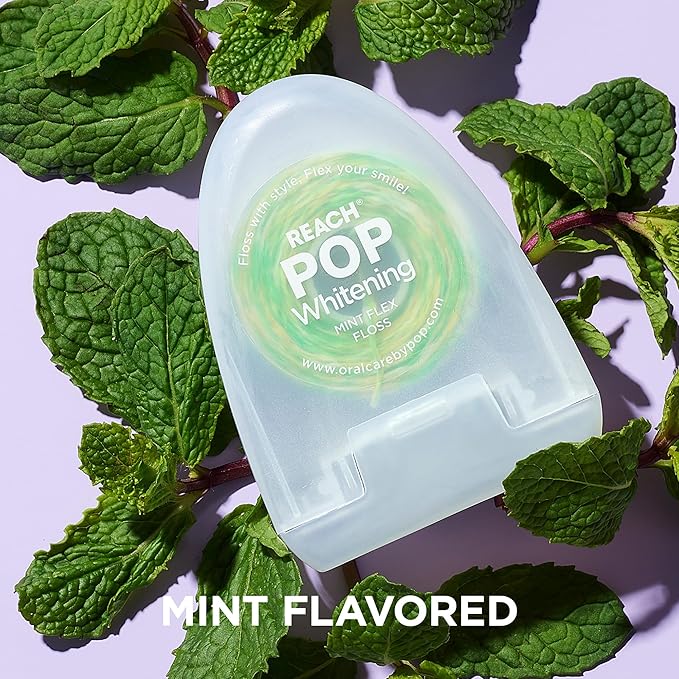 REACH POP Whitening Dental Floss, Mint, Baking Soda Infused, Teeth Whitening, Plaque Remover for Teeth, Shred Resistant, Vegan Wax, Cruelty Free, Oral Care, PFAS Free, 54.6 yd (Pack of 2)