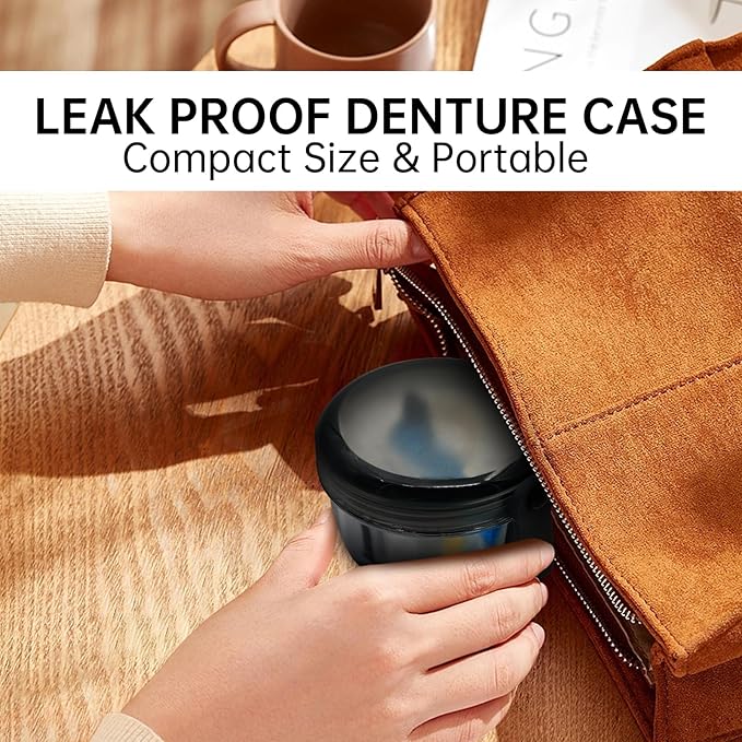Leak Proof Denture Cups for Soaking Dentures with Strainer Basket and Brush, Partial Denture Bath Case Travel Retainer Cleaning Container Case for Aligner, Denture, Mouth Guard - Transparent Black