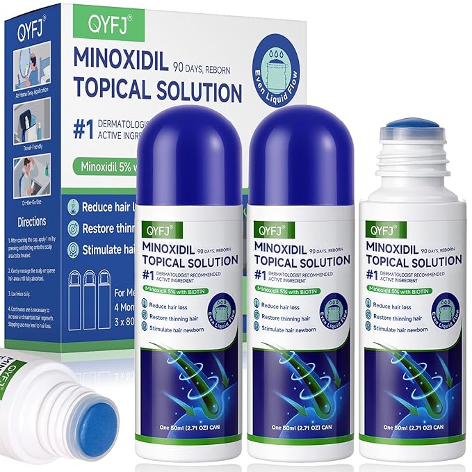 3 Pack 5% Minoxidil for Men and Women,Minoxidil Beard and Hair Growth Serum(Biotin-Infused) with Sponge Applicator for Thinning Hair and Sparse Beards,4-Month Supply 3 x 2.7 FL OZ