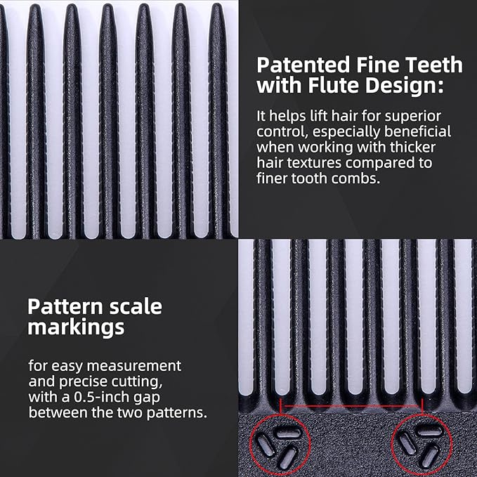 PERFEHAIR 2-Pack Professional Round Tooth Hair Cutting Comb - 8.6 Inch, Black Carbon Fiber Anti-Static & Heat Resistant, Durable Barber Combs with Fine & Wide Tooth for Precise Haircut for Men & Women