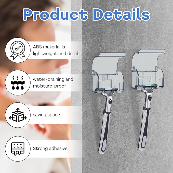 2Pcs Plastic Razor Holders with Cover for Shower Wall Self Adhesive Waterproof Razor Rack Wall Mount Razor Shaver Hook Portable Razor Holder for Bathroom Shower Tabletop Travel Reusable
