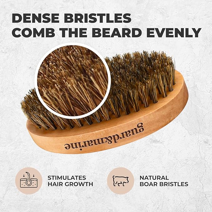 GUARD&MARINE 100% Boar Bristle Beard Brush for Men – Medium Firm Military Style Brush for Short Beard, Mustache & Waves – Natural Wooden Handle Grooming Brush