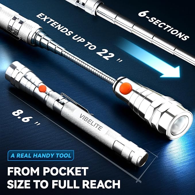 VIBELITE Extendable Magnetic Flashlight with Telescoping Magnet Pickup Tool- Cool Gadget Valentines Day Gifts for Him, Men, Teen Boys, Husband, Dad, Father, Mechanic, Women, Silver