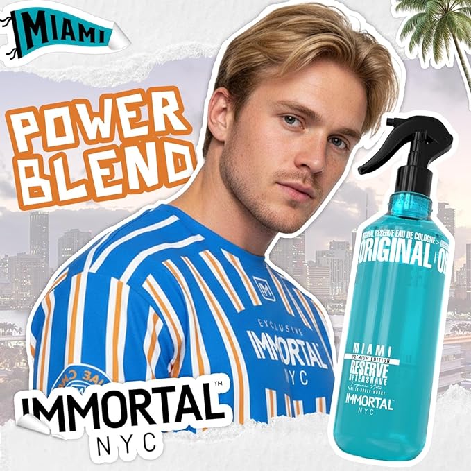 Immortal NYC Reserve Miami, Aftershave Spray Body/Face Men's Cologne, 13.5 oz / 400 ml,Barbers, Softens Skin, Refreshes, Revitalizes and Relieves Face and Skin, Moisturizing Formula After Shaving