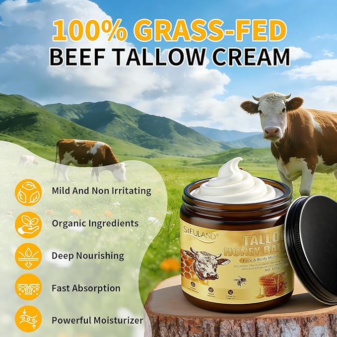 Beef Tallow for Skin, 100% Organic Grass-Fed Beef Tallow & Raw Honey Balm - Deep Nourishing Moisturizer for Face and Body, Sensitive Skin - All Natural Formula - 4.2 OZ