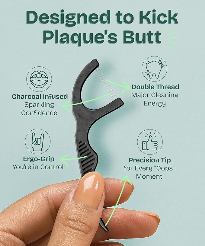 Dental Floss Picks for Teeth (100ct) - Double Thread Tooth Picks Flossers for Adults, Toothpicks Floss, Vegan Corn-Straw Handle, Shred-Resistant String for Interdental Oral Care & Gum Health, Charcoal