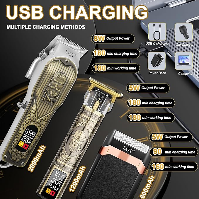 Cordless Hair Clippers Set for Men, Professional Hair and Beard Trimmer Kit with LED Display, Foil Shaver, Powerful Motor, Multiple Combs, Bronze, Grooming Gift for Him, Home and Salon,Barber Kit