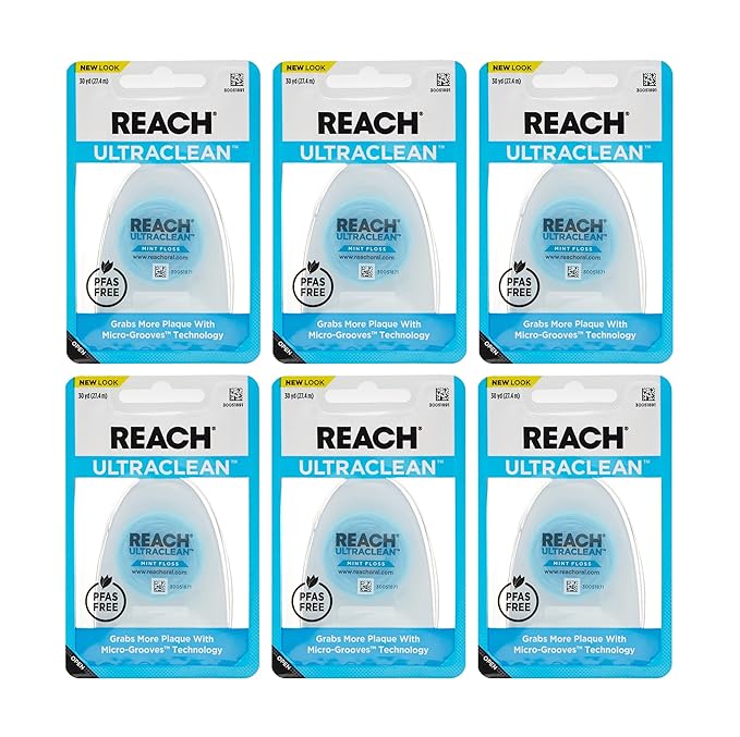 REACH Ultraclean Dental Floss, Mint, Plaque Remover for Teeth, Shred Resistant, Waxed, Easy on Gums & Teeth, Mint, Oral Care, PFAS Free, for Adults & Kids, 6 Pack, 30 yd
