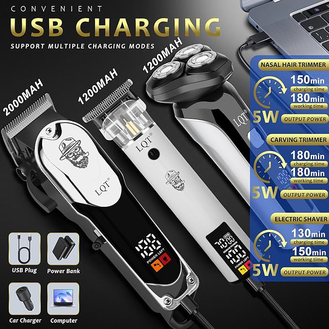 Professional Barber Kit for Men, Cordless Hair Clipper, Trimmer & Rotary Shaver Set with LED Display, USB-C Rechargeable Battery,Precision Blades,Adjustable Speeds,Low Noise,Grooming Gifts for Men