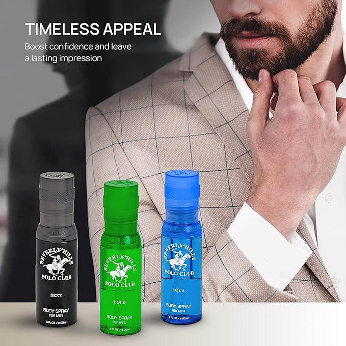 Beverly Hills Polo Club Men's Body Spray Collection Gift Set - 3 Distinct Luxury Designer Scents for Elevated Daily Confidence & All-Day Freshness, 3 x 3 oz
