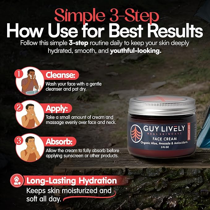 Guy Lively Age-Defying Face Cream for Men, Hydrating Moisturizer with Antioxidants, Vitamins A C & E, Organic Oils, Anti-Aging Cream to Smooth Fine Lines & Wrinkles, 3 fl oz – Vegan, Sulfate Free