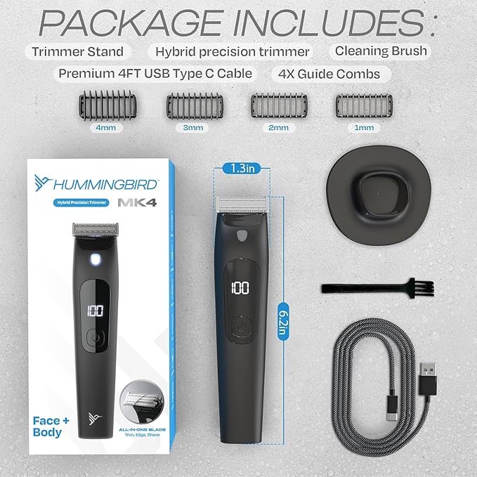 HUMMINGBIRD MK4 Electric Trimmer for Men – Precision Face & Body Hair Trimmer Kit, Waterproof Shaver for Hard to Reach Areas, USB-C Rechargeable, LED Display & Storage Base