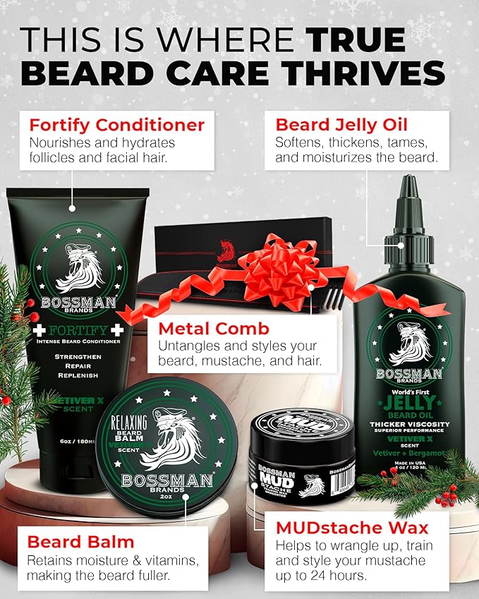 Bossman Complete Beard Kit – Men's Beard Oil Jelly, Fortifying Shower Conditioner, Balm, Mustache Wax & Comb – Beard Softener & Grooming Care – Men Gift Set (Stagecoach Scented)