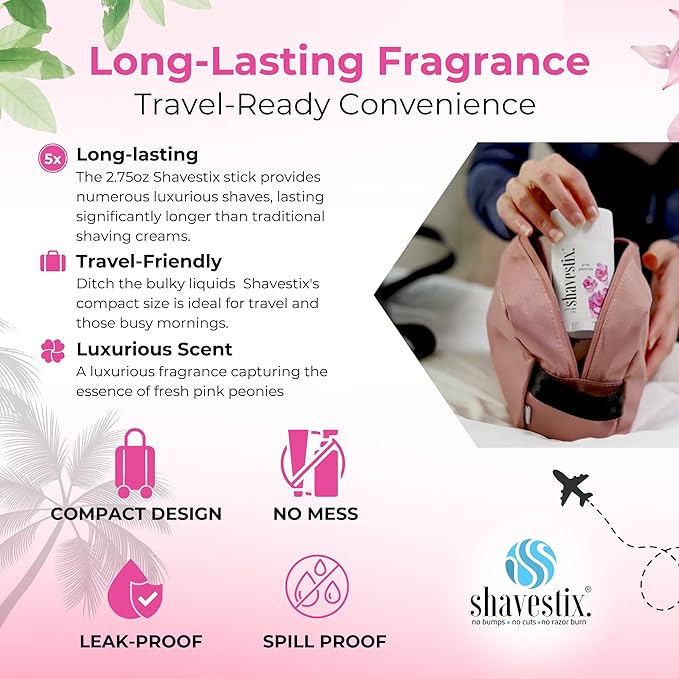 Shavestix Travel Size Shaving Stick 2.75 Oz | Pink Peonies Scented Shave Gel Bar Stocking Stuffers | Moisturizing Hair Removal Cream for Women & Men | Compact Shave Cream for All Skin, Razor Type