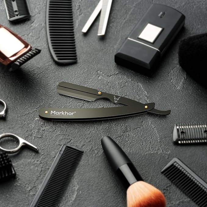 Markhor® Straight Razors for Men with 100 Single Edge Razor Blades | Barber Straight Razor | Straight Edge Razor | Barber Razor Blade | Navajas Para Barbero (Camo Green)