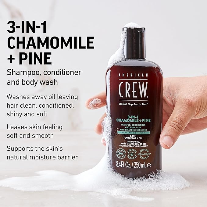 AMERICAN CREW 3-in-1 Chamomile & Pine, Shampoo, Conditioner & Body Wash for Men, All-in-One Care with Calming and Relaxing Fragrance, 8.4 fl oz