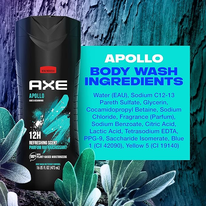 AXE Body Wash Apollo for Long Lasting Freshness Sage & Cedarwood Men's Body Wash with Odor-Busting Prebiotics 16 oz,(Pack of 8)