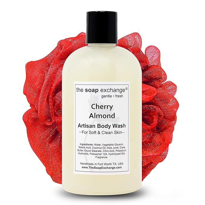 The Soap Exchange Body Wash - Cherry Almond Scent - Hand Crafted 12 fl oz / 354 ml Natural Artisan Liquid Soap for Hand, Face & Body, Shower Gel, Cleanse, Moisturize, & Protect. Made in the USA.