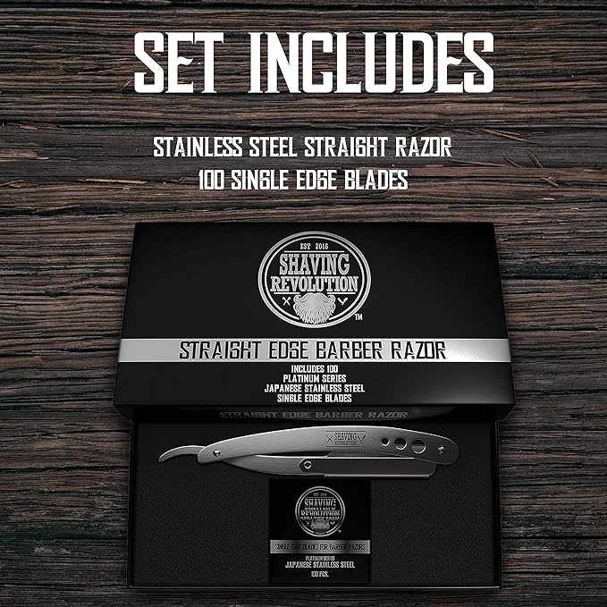Straight Edge Barber Razor for Close Shaving - Professional Straight Blade Razor for Men with 100 Single Edge Blades- Mens Straight Razor Kit