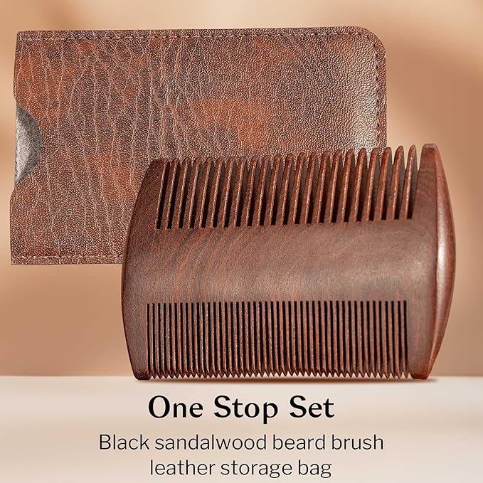 3PCS Beard Brush Comb Set for Men, Black Walnut Wood Dual Beard Comb & Case, Men's Natural Wooden Mustache Brush