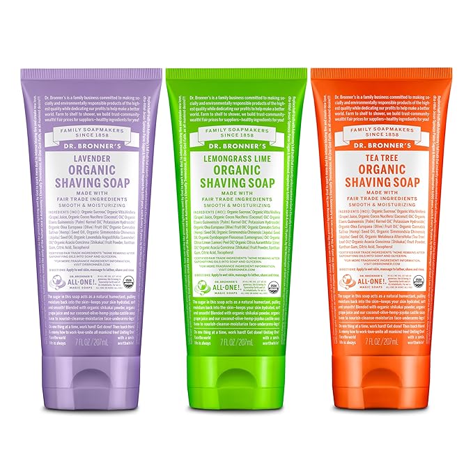 Dr. Bronner's Organic Shaving Soap– 3 Pack Variety, 7oz (Lavender, Tea Tree, Lemongrass)– Moisturizing Shave Soap for Men & Women– Certified Organic Sugar & Shikakai– For Face, Underarms & Legs