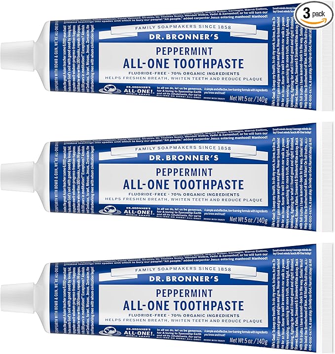 Dr. Bronner’s All-One Toothpaste Pack of 3– Peppermint, 5 oz– Fluoride-Free Toothpaste for Adults, SLS-Free, 70% Organic & Natural Ingredients, Vegan, Helps Freshen Breath & Reduce Plaque