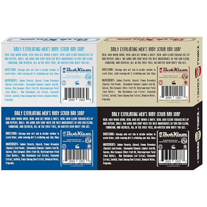 BushKlawz Exfoliating BIG BRICK MAN SOAP- Deep Clean Your Skin, Remove Dead Cells, and Moisturize with Natural Oils - 200g / VARIETY 4 PACK