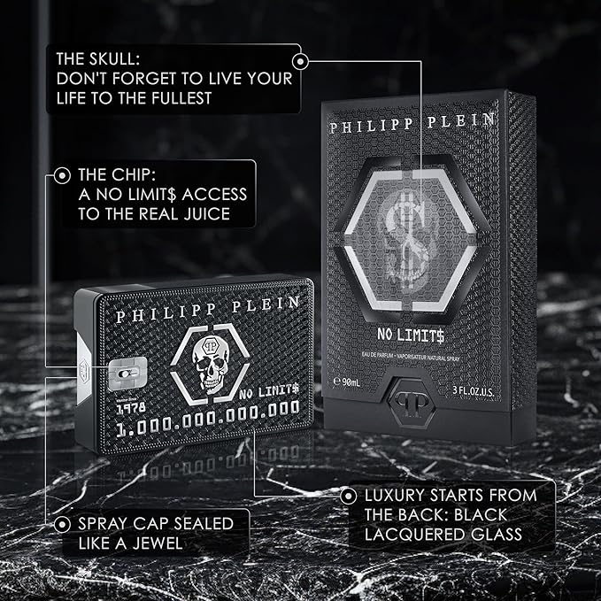 Philipp Plein – Eau de Parfum No Limits 50 ml – Parfum Homme – Notes Orientales et Boisées – Un Tatouage Olfactif Indélébile et Sensuel – Boisé Oriental – Flacon en Verre Laqué Noir