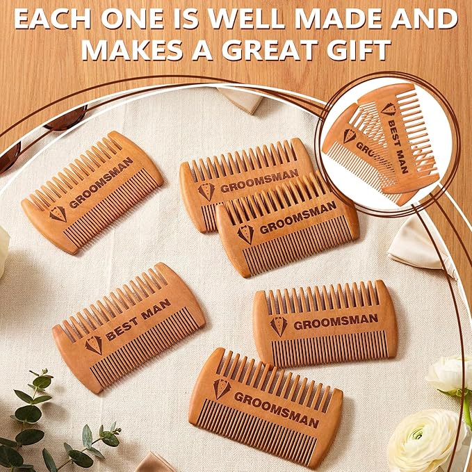 6 Pcs Groomsmen Gifts Wooden Beard Comb for Men Including 1 Best Man and Set of 5 Groomsman Comb Grooming Detangling Tool for Hair & Mustache Wedding Best Man Party Favor Gift