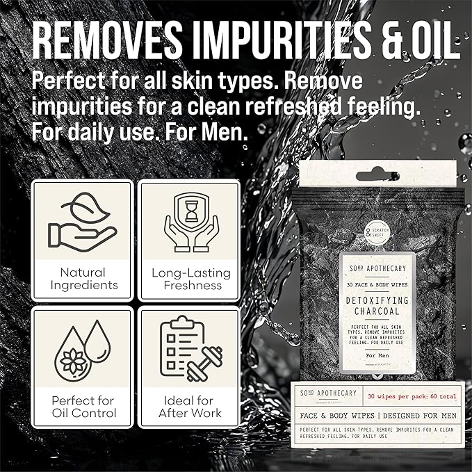 BLKSMITH Face & Body Wipes for Men - Travel Face & Body Wipes - Total 60 - Charcoal & Sandalwood Scent, Cool Gifts for Men 30x2 Wipe - Ideal for Gym, Office, or Outdoors, 2 Pack