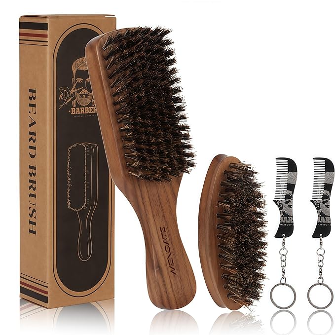 Walnut Wood Beard Brush & Small Boar Bristles Brush Bundle for Men, Beard Grooming & Hair Styling Quiff, Straightens & Promotes Beard Growth - Works with Beard Oils and Balms