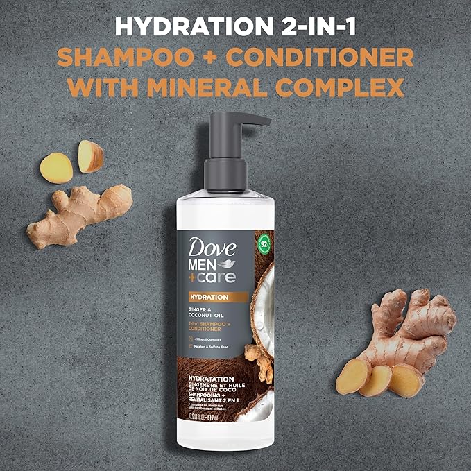 DOVE MEN + CARE 2-in-1 Shampoo + Conditioner Ginger & Coconut Oil for Hydrated Hair, +Mineral Complex, 17.5 oz