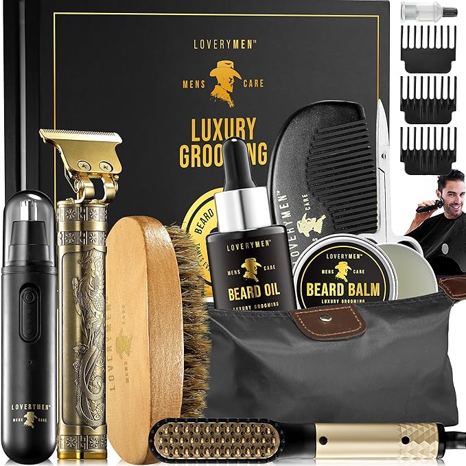 Gifts for Men Who Have Everything, Valentines Day Gifts for Him, Grooming Beard Kit, Beard Trimmer, Nose Hair Trimmer, Hair Straightener Brush, Oil, Balm & More, 15pc Men Care Kit Dad, Birthday Gift