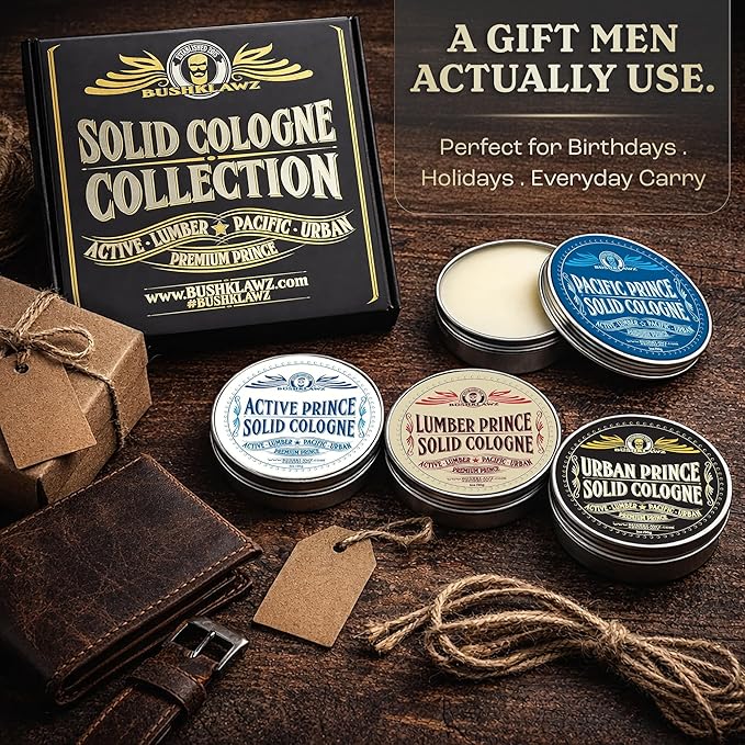 Premium Prince Solid Cologne 1 oz Variety Gift Set Alcohol Free Natural Concentrated Full Size Travel Friendly Tins Men's Fragrance 4 Manly Scents to Satisfy all Types of Viking Cannon Black Prime