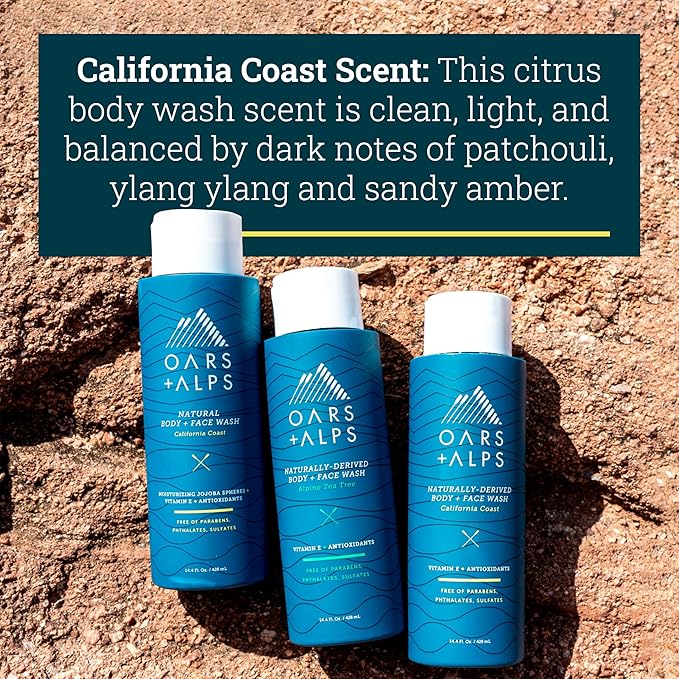 Oars + Alps Body Wash for Men, Mens Body Wash with Vitamin E and Antioxidants, Moisturizing, Hydrating, Paraben & Sulfate Free Cleanser, California Coast, 2pk