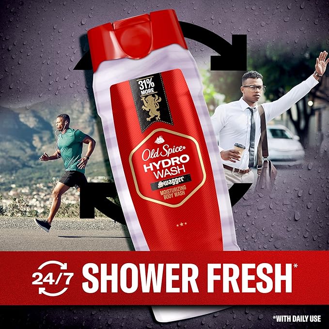 Old Spice Moisturizing Body Wash for Men, Hydro Wash, 2-in-1 Long Lasting Scent & Deep Hydration, 24/7 Shower Fresh, Swagger Scent, 21 oz (Pack of 2)