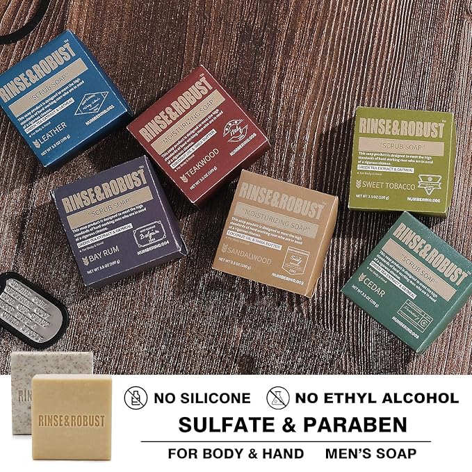 Rinse & Robust Mens Soap Bar Set 6Pcs Natural Handmade Cleansing Bar Soap Set Moisturizing&Exfoliating Scrub Soap Gift for Men All Skin Type| 6 Different Scents |3.5 oz of 6 Bars